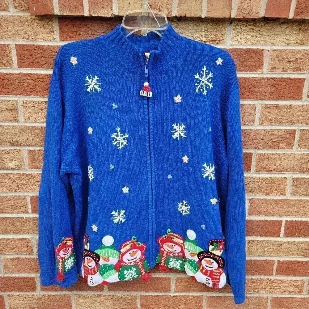 Vintage Tiara International Christmas Sweater Women's Sz Large Full Zip Snowmen